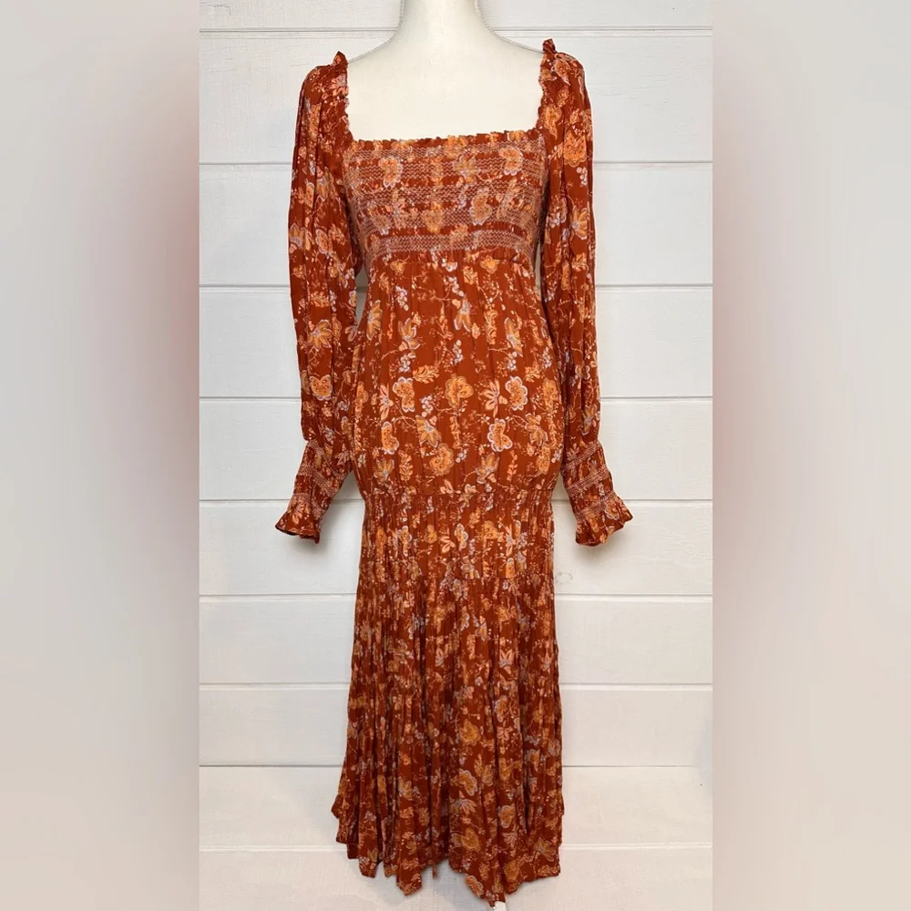 Free People NWT Sweet Escape Long Sleeve Dress Smocked in Mocha Floral Sz Small - Picture 2 of 13